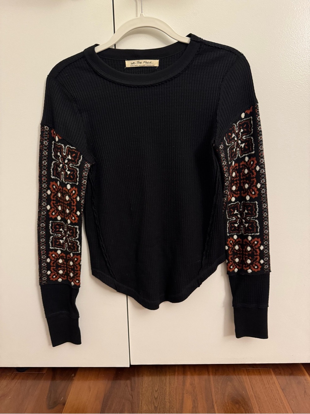 We The Free Black Thermal Top with Bandana Accent Sleeves